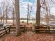 A backyard view with a set of stairs leading down to the lake. The lake is partially visible through the trees at 265 Sailboat Dr, Salisbury, NC 28146