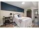 Basement bedroom with wooden floors, a closet, a blue accent wall, and neutral bedding at 3231 Eastwood Dr, Charlotte, NC 28205