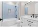 Bright bathroom features a white vanity, black hardware, and a shower with blue subway tile at 515 Deanne Dr, Rock Hill, SC 29730