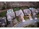 Aerial view of the property showcases the home, landscaped yard, pool, and neighborhood at 5430 Open Book Ln, Charlotte, NC 28270