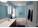 This bathroom includes a separate soaking tub, a vanity, and blue walls at 12123 Monteith Grove Dr, Huntersville, NC 28078