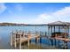 Picturesque waterfront dock featuring a gazebo with seating, perfect for relaxing by the lake at 134 Larkhaven Ln, Mooresville, NC 28117