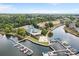 Aerial view of lakefront restaurant with multiple docks for boating and lake access at 8123 Village Harbor Dr, Cornelius, NC 28031