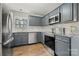 Modern kitchen with stainless steel appliances, subway tile backsplash and blue cabinets with granite countertops at 9007 St Croix Ln, Charlotte, NC 28277