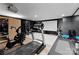 Basement home gym is equipped with a treadmill, stationary bike, sauna, and a large projection screen at 16439 Jetton Rd, Cornelius, NC 28031