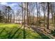 Private backyard area with wooded backdrop, sitting area, and fenced-in yard at 110 Hazelton Loop, Mooresville, NC 28117