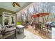 Covered patio with outdoor seating, fireplace, grill, and wooded backyard at 1122 Saratoga Blvd, Indian Trail, NC 28079