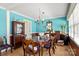 Dining room with hardwood floors, blue walls, a wooden table with chairs, and a hutch at 1210 Brookwood Dr, Shelby, NC 28150