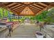 Covered dock with ample seating providing a relaxing waterfront view of the lush landscape and property at 16 Sunrise Point Ct, Lake Wylie, SC 29710
