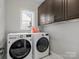 Functional laundry room with washer, dryer, and ample cabinet storage at 2100 Bluebonnet Ln, Matthews, NC 28104