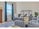 Cozy living room showcasing a gray sofa with stylish pillows near a window with blue curtains at 6231 Nc 16 N Hwy, Taylorsville, NC 28681