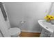 Cozy bathroom featuring a pedestal sink, toilet, and decorative sunflowers at 10001 Wild Dogwood Ct, Charlotte, NC 28273