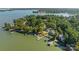 Scenic aerial view of lakefront properties with docks, boats, and lush green trees at 21013 Island Forest Dr, Cornelius, NC 28031