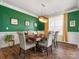 Formal dining room featuring hardwood floors, a modern chandelier, green walls, and bright windows at 5585 Zeeland Ln, Fort Mill, SC 29707