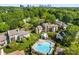 Aerial view featuring a community pool, lush landscaping, and city skyline in the distance at 766 Marsh Rd # Apt 2, Charlotte, NC 28209