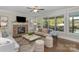 Inviting living room with stone fireplace, plush sofas, and a view of outdoor pool at 805 Hidden Pond Ln, Waxhaw, NC 28173