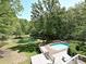 Aerial view of the pool and hot tub area surrounded by lush trees and greenery at 124 Canterbury Ln, Matthews, NC 28104