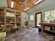 Bright studio with wooden ceiling, shelving, and ample workspace at 124 Canterbury Ln, Matthews, NC 28104
