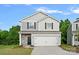 Charming two-story home featuring gray siding, black shutters, and a two-car garage at 2104 Clapham Ct, Charlotte, NC 28215