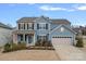 Two-story home with blue siding, black shutters, a covered front porch, and a two-car garage at 3439 Duchess Ave, Fort Mill, SC 29707