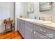 Well-lit bathroom featuring gray cabinetry, tile countertop, wood flooring, and decorative accents at 1359 Carmen Ln, Gastonia, NC 28054