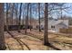 Backyard features patios, dining area, storage shed, surrounded by mature trees and a fenced perimeter at 6215 Coatbridge Ln, Charlotte, NC 28212