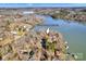 Aerial view of lakefront property at 7262 Right Angle St, with dock at 7262 Right Angle St, Sherrills Ford, NC 28673