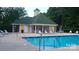 Community pool featuring a yellow pool house, lounge chairs and pristine blue water at 7562 Sedgebrook W Dr, Stanley, NC 28164