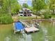 Aerial view of the private boat dock featuring boat lifts and easy access to the open water, perfect for boating enthusiasts at 121 Kelly Point Ln, Mooresville, NC 28117