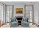 Sitting area featuring two chairs, fireplace, french doors, and artwork at 1414 Biltmore Dr, Charlotte, NC 28207