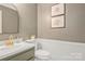 Stylish half-bathroom featuring modern fixtures, decorative wall art, and a sleek design for a contemporary feel at 1417 Shady Bark Dr, Gastonia, NC 28054