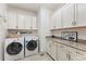 Well-lit laundry room with white cabinets and modern appliances at 2929 Shumard Dr, Gastonia, NC 28054