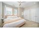 Light-filled bedroom showcases two large closets, side tables, and ample natural light with a ceiling fan at 3621 Vallette Ct, Charlotte, NC 28203