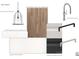 Kitchen design board featuring matte black pendants, quartz countertop, and engineered white oak hardwoods at 4311 Collingwood Dr, Charlotte, NC 28209