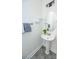 Clean half bathroom featuring pedestal sink, decorative shelves, and modern lighting fixtures at 10836 Clark St, Davidson, NC 28036