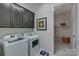 Functional laundry room with modern washer and dryer, grey cabinets, and storage at 316 Basil Dr, Indian Trail, NC 28079