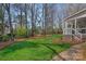 Expansive backyard featuring a lush green lawn, mature trees, and a charming porch at 420 Medearis Dr, Charlotte, NC 28211