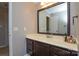 Bathroom vanity with dark wood cabinets, light countertop, and large mirror for a functional and updated space at 916 Somersby Ln, Matthews, NC 28105