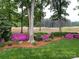 Landscaped backyard featuring azaleas, manicured shrubs, mature trees, and a golf course in the distance at 17048 Jetton Rd, Cornelius, NC 28031