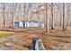 Three pale blue outbuildings nestled within a wooded lot and bare trees offer utility and storage space at 2025 Sojourn Rd, Marshville, NC 28103