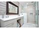 Modern bathroom features a double vanity, stylish mirror, and glass-enclosed shower at 3615 Henshaw Rd, Charlotte, NC 28209