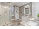 Bathroom featuring a glass-enclosed shower, vanity with granite counters, and tile floors at 5213 Wood Lake Dr, Belmont, NC 28012