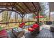 Inviting covered outdoor living space with comfortable seating and view of a backyard at 5213 Wood Lake Dr, Belmont, NC 28012