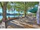 Picturesque brick patio overlooking a tranquil lake, furnished with wrought iron tables and chairs, shaded by mature trees at 7101 Quail Meadow Ln, Charlotte, NC 28210