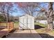 White shed providing practical storage solutions in the backyard, adjacent to the deck at 8009 Idlewild Rd, Indian Trail, NC 28079