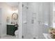 Bathroom featuring a glass shower, marble countertops, and a green vanity at 2205 Meleto Dr, Waxhaw, NC 28173