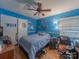 Blue bedroom featuring a ceiling fan, hardwood floors, and a window with blinds at 3021 Whitson Rd, Gastonia, NC 28054