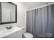 Well-lit bathroom featuring a sleek vanity, modern fixtures, and a shower with a gray curtain at 620 Debruhl Rd, Chester, SC 29706