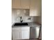 A close-up of the kitchen with modern white cabinets and stainless steel dishwasher at 625 Academy St, Cleveland, NC 27013