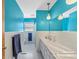 Bright bathroom with blue walls, dual sinks, and patterned shower curtain at 710 Peranna Pl, Charlotte, NC 28211